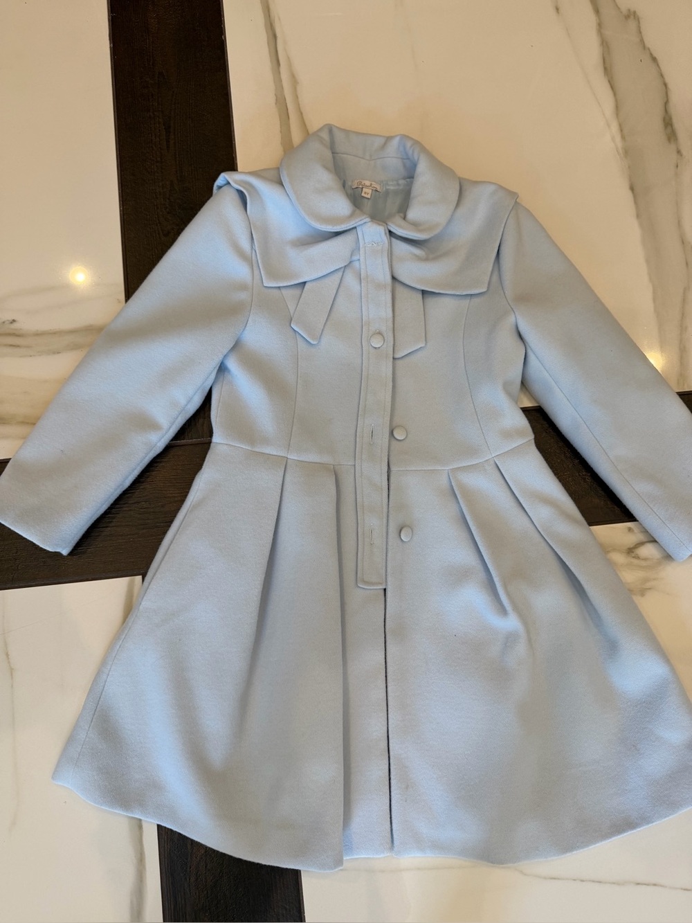 Light Blue Girls' Pea Coat with Bow Collar